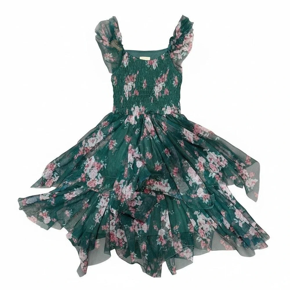 Zenzi Girls Green Floral‎ Tiered Ruffle Dress Size XS (4/5)